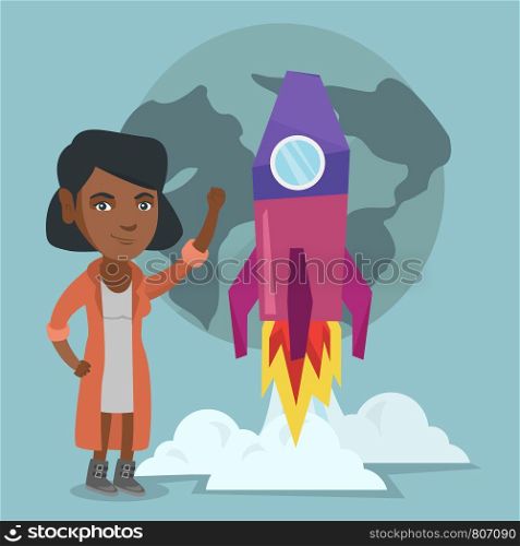 Young african-american business woman with raised arm standing on the background of rocket and earth planet symbolizing launching a new business project. Vector cartoon illustration. Square layout.. African business woman with rocket and earth.