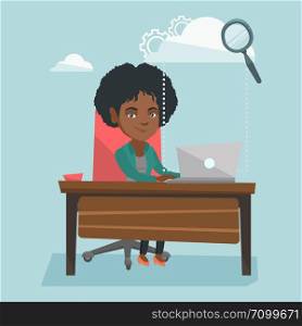 Young african-american business woman working on a laptop under the cloud. Business woman using cloud computing technologies. Cloud computing concept. Vector cartoon illustration. Square layout.. Business woman using cloud computing technologies.