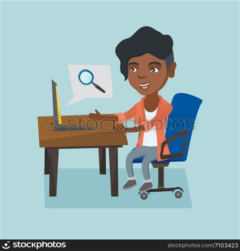 Young african-american business woman working on her laptop in office and searching information through the internet. Internet search and job search concept. Vector cartoon illustration. Square layout. African woman searching information on a laptop.