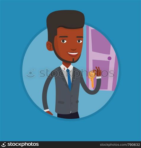 Young african-american businessman showing key on the background of door. Concept of making the right decision in business. Vector flat design illustration in the circle isolated on background.. Making the right decisions in business.