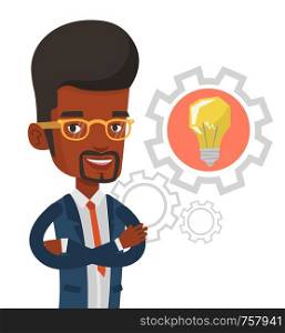 Young african-american businessman with business idea bulb in a cogwheel. Man having a business idea. Concept of successful business idea. Vector flat design illustration isolated on white background.. Man with business idea bulb in gear.
