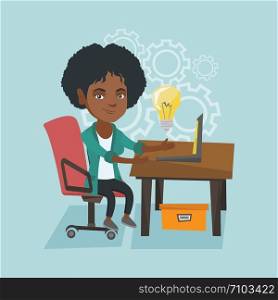 Young african-american businesswoman working on a laptop on a new business idea. Business woman having a business idea. Successful business idea concept. Vector cartoon illustration. Square layout.. Woman working on a laptop on a new business idea.