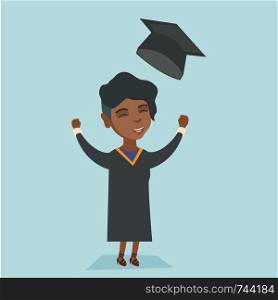Young african-american cheerful graduate in graduation cloak throwing a hat up. Excited graduate with closed eyes and raised hands celebrating graduation. Vector cartoon illustration. Square layout.. African graduate throwing up graduation hat.