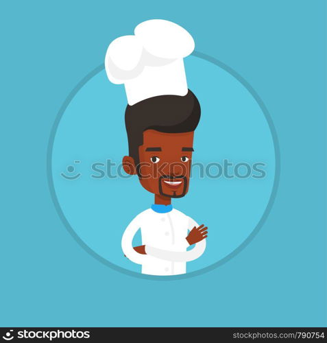 Young african-american chef cooker. Smiling chief cooker in uniform and hat standing with arms crossed. Confident chief cooker. Vector flat design illustration in the circle isolated on background.. Confident male chief cooker with arms crossed.