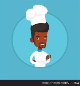 Young african-american chef cooker. Smiling chief cooker in uniform and hat standing with arms crossed. Confident chief cooker. Vector flat design illustration in the circle isolated on background.. Confident male chief cooker with arms crossed.