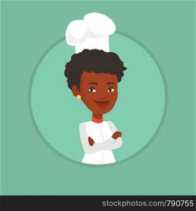 Young african-american chef cooker. Smiling chief cooker in uniform and hat standing with arms crossed. Confident chief cooker. Vector flat design illustration in the circle isolated on background.. Confident female chef with arms crossed.