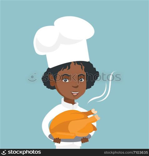 Young african-american chief cook in uniform and hat holding plate with roasted chicken. Smiling female chief cook with a whole baked chicken on a plate. Vector cartoon illustration. Square layout.. Young african chief cook holding roasted chicken.