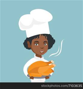 Young african-american chief cook in uniform and hat holding plate with roasted chicken. Smiling female chief cook with a whole baked chicken on a plate. Vector cartoon illustration. Square layout.. Young african chief cook holding roasted chicken.