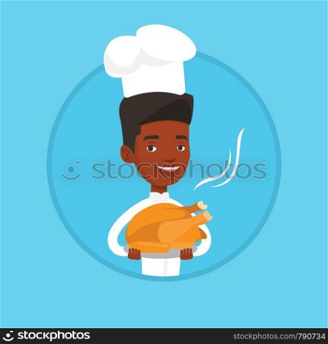 Young african-american chief cooker holding whole baked chicken on plate. Chief cooker in uniform and cap holding roasted chicken. Vector flat design illustration in the circle isolated on background.. Chief cooker holding roasted chicken.