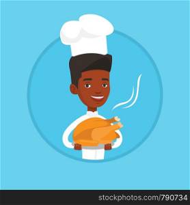 Young african-american chief cooker holding whole baked chicken on plate. Chief cooker in uniform and cap holding roasted chicken. Vector flat design illustration in the circle isolated on background.. Chief cooker holding roasted chicken.