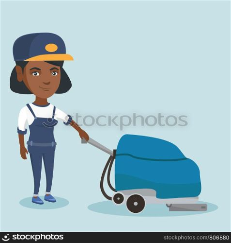 Young african-american cleaner cleaning the store floor with a cleaning machine. Worker of supermarket cleaning service. Vector cartoon illustration. Square layout.. Woman cleaning the store floor with a machine.
