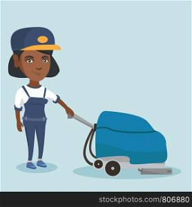 Young african-american cleaner cleaning the store floor with a cleaning machine. Worker of supermarket cleaning service. Vector cartoon illustration. Square layout.. Woman cleaning the store floor with a machine.