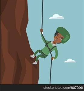Young african-american climber in a protective helmet climbing a mountain. Smiling woman climbing a mountain with a rope. Sport and leisure activity concept. Vector cartoon illustration. Square layout. African woman climbing a mountain with rope.