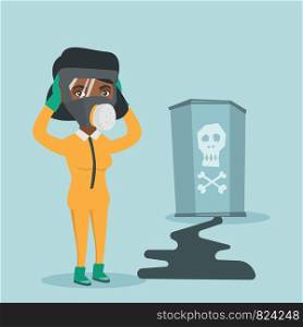 Young african-american concerned woman in respirator and yellow protective suit clutching her head and looking at leaking barrel with radiation sign. Vector cartoon illustration. Square layout.. Concerned woman in respirator and protective suit.