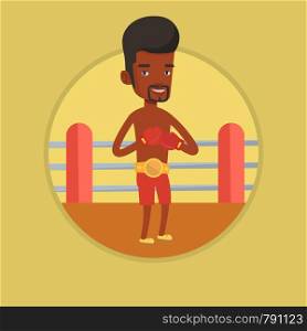 Young african-american confident sportsman in boxing gloves. Boxer standing in the boxing ring. Sportsman wearing boxing gloves. Vector flat design illustration in the circle isolated on background.. Confident boxer in the ring vector illustration.