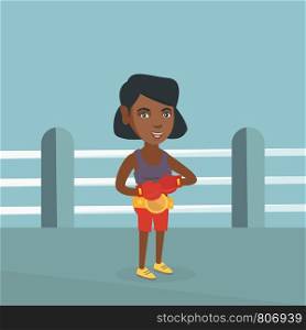 Young african-american confident sportswoman wearing champion belt and boxing gloves. Full length of professional female boxer standing in the boxing ring. Vector cartoon illustration. Square layout.. Young african-american confident boxer in the ring
