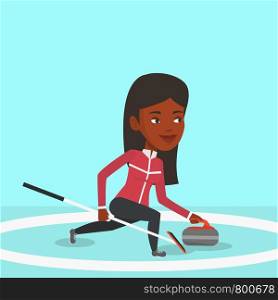 Young african-american curling player with stone and broom on a rink. Female curling player delivering a stone. Curling player sliding over the ice. Vector flat design illustration. Square layout.. Curling player playing on the rink.