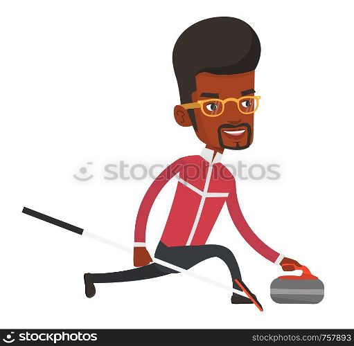 Young african-american curling player with stone and broom on rink. Curling player delivering stone. Curling player sliding over the ice. Vector flat design illustration isolated on white background.. Curling player playing on the rink.