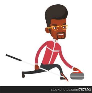 Young african-american curling player with stone and broom on rink. Curling player delivering stone. Curling player sliding over the ice. Vector flat design illustration isolated on white background.. Curling player playing on the rink.
