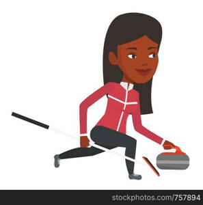 Young african-american curling player with stone and broom on rink. Curling player delivering stone. Curling player sliding over the ice. Vector flat design illustration isolated on white background.. Curling player playing on the rink.