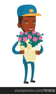 Young african-american delivery man delivering flowers. Delivery courier with bouquet of flowers. Delivery man holding bouquet of flowers. Vector flat design illustration isolated on white background.. Delivery courier holding bouquet of flowers.