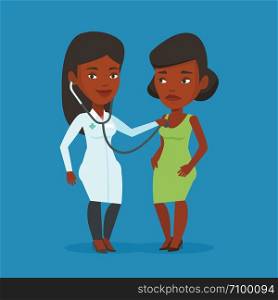 Young african-american doctor listening to chest of patient with stethoscope. Female patient visiting doctor. Doctor examining chest of a female patient. Vector flat design illustration. Square layout. Doctor listening to chest of patient.
