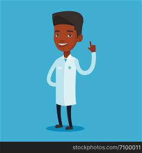 Young african-american doctor with finger up. Doctor in medical gown showing finger up. Man in doctor uniform pointing finger up. Vector flat design illustration. Square layout.. Doctor showing finger up vector illustration.