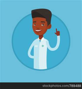 Young african-american doctor with finger up. Doctor in medical gown showing finger up. Man in doctor uniform pointing finger up. Vector flat design illustration in the circle isolated on background.. Doctor showing finger up vector illustration.