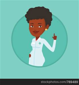 Young african-american doctor with finger up. Doctor in medical gown showing finger up. Woman in doctor uniform pointing finger up. Vector flat design illustration in the circle isolated on background. Doctor showing finger up vector illustration.