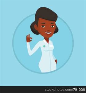 Young african-american doctor with ok sign gesture. Happy doctor in medical gown showing ok sign. Smiling doctor gesturing ok sign. Vector flat design illustration in the circle isolated on background. Doctor showing ok sign vector illustration.