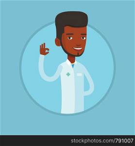 Young african-american doctor with ok sign gesture. Doctor in medical gown showing ok sign. Smiling doctor gesturing ok sign. Vector flat design illustration in the circle isolated on background.. Doctor showing ok sign vector illustration.