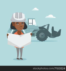 Young african-american engineer in hard hat inspecting a blueprint. Engineer with engineer blueprint in hands standing on the background of excavator. Vector cartoon illustration. Square layout.. Young african engineer inspecting a blueprint.