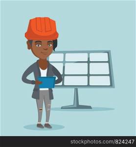 Young african-american engineer in hard hat working on a digital tablet at solar power plant. Worker of solar power plant checking solar panel setup. Vector cartoon illustration. Square layout.. Worker of solar power plant using a digital tablet