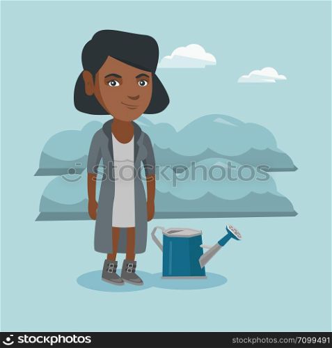 Young african-american farmer standing near watering can on the background of agricultural field with bushes. Smiling farmer watering plants in the garden. Vector cartoon illustration. Square layout. Young farmer standing in a field with watering can