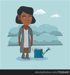 Young african-american farmer standing near watering can on the background of agricultural field with bushes. Smiling farmer watering plants in the garden. Vector cartoon illustration. Square layout. Young farmer standing in a field with watering can