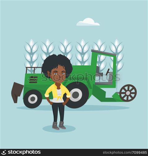 Young african-american farmer standing on the background of combine harvester working in a wheat field. Vector cartoon illustration. Square layout.. Farmer standing on the background of combine.