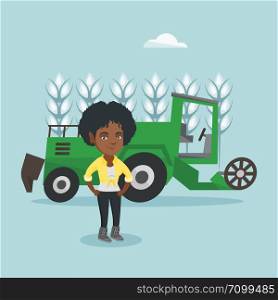 Young african-american farmer standing on the background of combine harvester working in a wheat field. Vector cartoon illustration. Square layout.. Farmer standing on the background of combine.