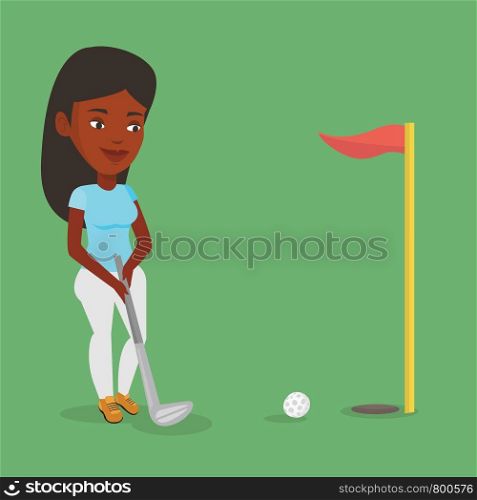 Young african-american female golfer playing golf. Young golfer hitting the ball in the hole with red flag. Professional golfer on the golf course. Vector flat design illustration. Square layout.. Golfer hitting the ball vector illustration.