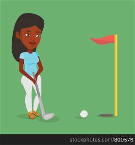 Young african-american female golfer playing golf. Young golfer hitting the ball in the hole with red flag. Professional golfer on the golf course. Vector flat design illustration. Square layout.. Golfer hitting the ball vector illustration.
