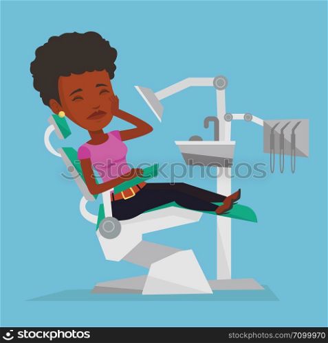 Young african-american female patient visiting dentist because of toothache. Sad patient suffering from toothache. Woman having a strong toothache. Vector flat design illustration. Square layout.. Woman suffering from toothache.