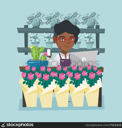 Young african-american florist using phone and laptop to take order. Florist standing behind the counter in flower shop. Woman working in the flower shop. Vector cartoon illustration. Square layout.. Florist standing behind the counter at flower shop