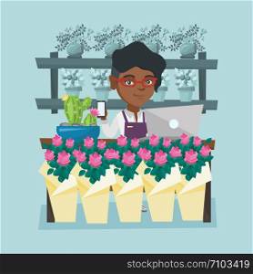 Young african-american florist using phone and laptop to take order. Florist standing behind the counter in flower shop. Woman working in the flower shop. Vector cartoon illustration. Square layout.. Florist standing behind the counter at flower shop