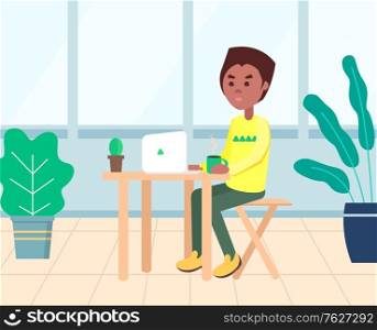 Young african-american freelancer working on computer at home or in cafe. African american men seating at the wooden table with cup of coffee and laptop vector. Modern office with big windows. African American Guy Working with Laptop Vector