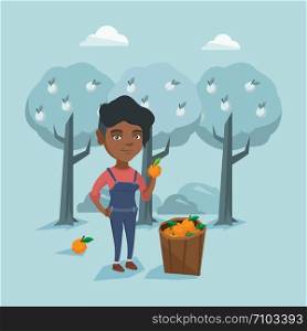 Young african-american gardener collecting oranges. Gardener standing near basket with oranges and holding orange in hand on the background of orange trees. Vector cartoon illustration. Square layout.. Young african-american farmer collecting oranges.