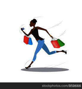 Young african american girl running with shopping bags .Sale theme.isolated on white background. Cartoon vector illustration. Young african american girl running with shopping bags
