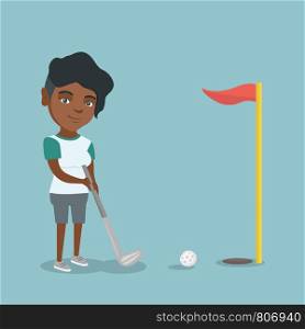 Young african-american golfer directing a ball into a golf hole with a red flag. Professional golfer playing golf. Sport and leisure concept. Vector cartoon illustration. Square layout.. Young african-american golfer hitting a ball.
