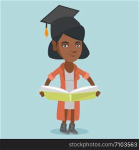 Young african-american graduate standing with a big open book in hands. Smiling student in graduation cap reading a book. Woman holding a huge book. Vector cartoon illustration. Square layout.. Young african-american graduate holding a book.