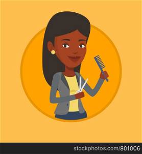 Young african-american hairstylist holding comb and scissors in hands. Professional hairstylist ready to do a haircut. Vector flat design illustration in the circle isolated on background.. Hairstylist holding comb and scissors in hands.