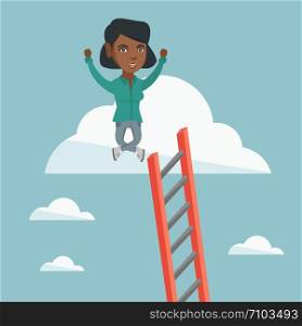 Young african-american happy business woman sitting with raised hands on the cloud with ledder. Successful cheerful business woman relaxing on the cloud. Vector cartoon illustration. Square layout.. Young african business woman sitting on cloud.