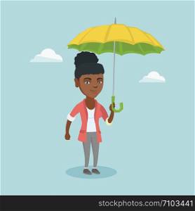 Young african-american happy insurance agent holding umbrella. Insurance agent standing under umbrella. Business insurance and business protection concept. Vector cartoon illustration. Square layout.. African insurance agent standing under umbrella.